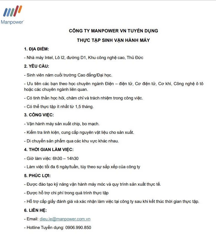 CÔNG TY MANPOWER VN TUYỂN DỤNG THỰC TẬP SINH VẬN HÀNH MÁY